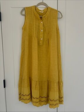 NWOT Mustard Yellow Linen Sleeveless Midi Dress - Eyelet Hem - Pleated Bib